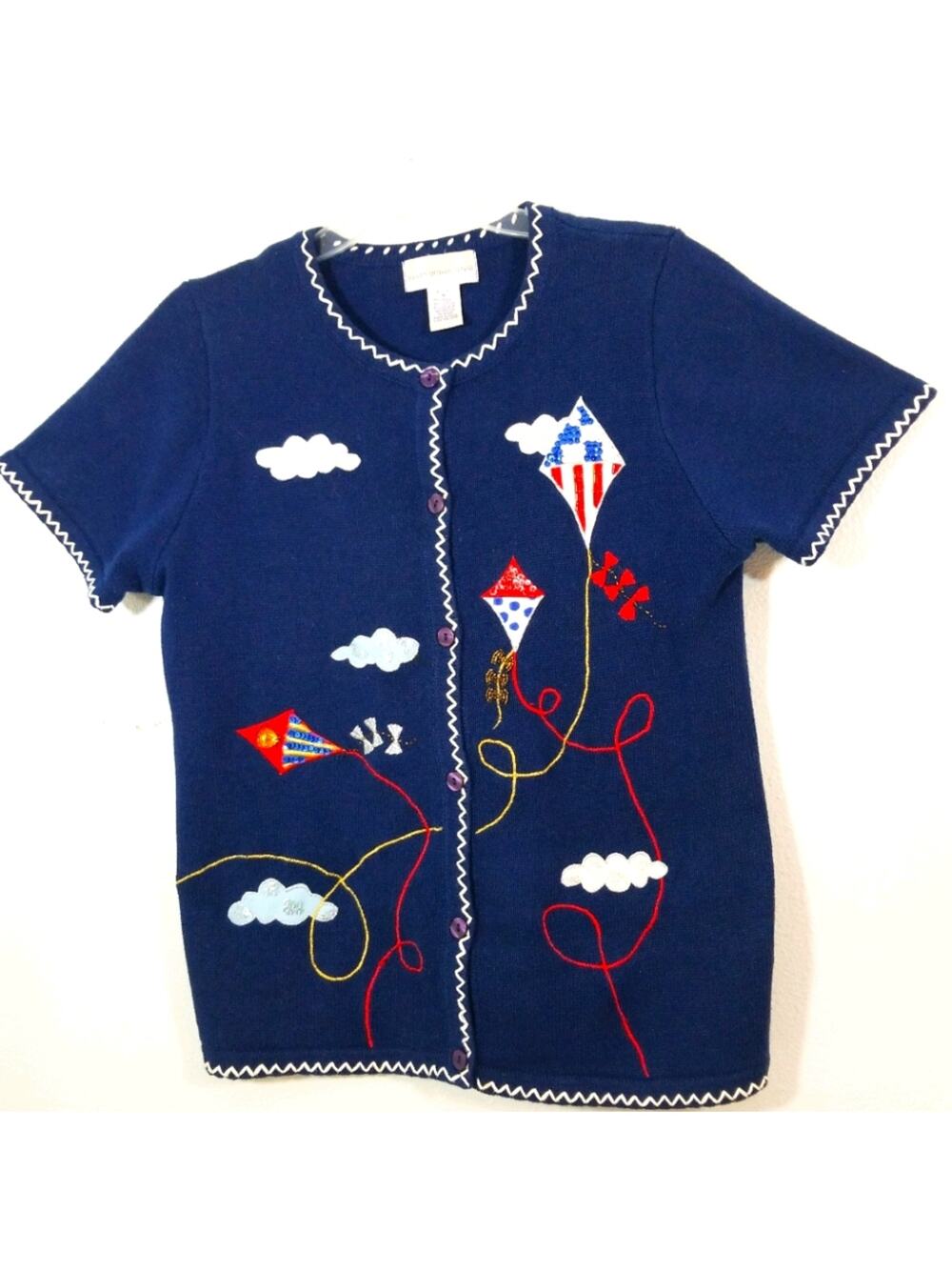 Susan Graver sequin bead embrd kite USA cardigan M